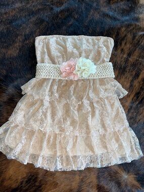 Pretty Good Cream Lace Strapless Dress with Pink & Cream Flower